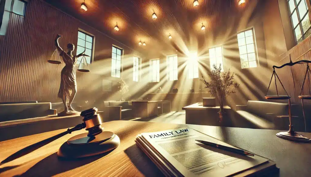 A wide-angle, photo-realistic, cinematic summer vibes image depicting the concept of modifying custody orders in a legal setting. The scene shows a family law courtroom, with a judge’s bench in the foreground, and legal documents laid out on a table, symbolizing the legal process. The background has a soft, warm glow from the sun, shining through large windows, creating a sense of hope and change. The atmosphere evokes a sense of determination and clarity, representing the process of revisiting and adjusting custody arrangements.