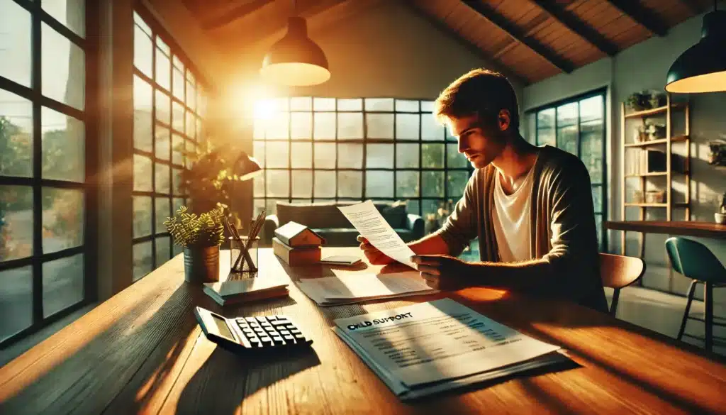 A wide-angle, photo-realistic, cinematic summer vibes image depicting the concept of handling child support matters. The scene shows a parent at a desk, reviewing financial documents related to child support in a well-lit room, with warm sunlight streaming in through large windows. A sense of responsibility and focus is captured, as the parent looks thoughtfully at the papers, symbolizing the importance of ensuring financial stability and meeting obligations. The atmosphere conveys a calm and determined approach to managing child support matters.