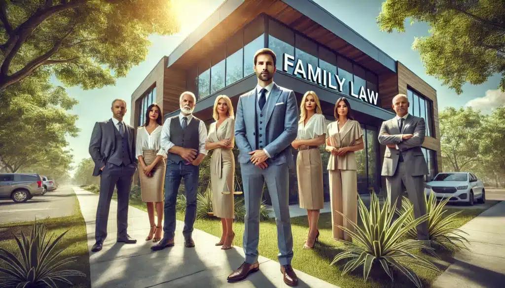 A wide angle, photo-realistic, cinematic image of a group of experienced family law attorneys standing together outside a modern office building in Porter, Texas. They are dressed professionally, exuding confidence and approachability, ready to assist mothers with their legal needs. The scene has summer vibes, with sunlight streaming through trees, and the office is located in a sunny, welcoming setting with greenery around. The overall atmosphere is one of professionalism, trust, and warmth.