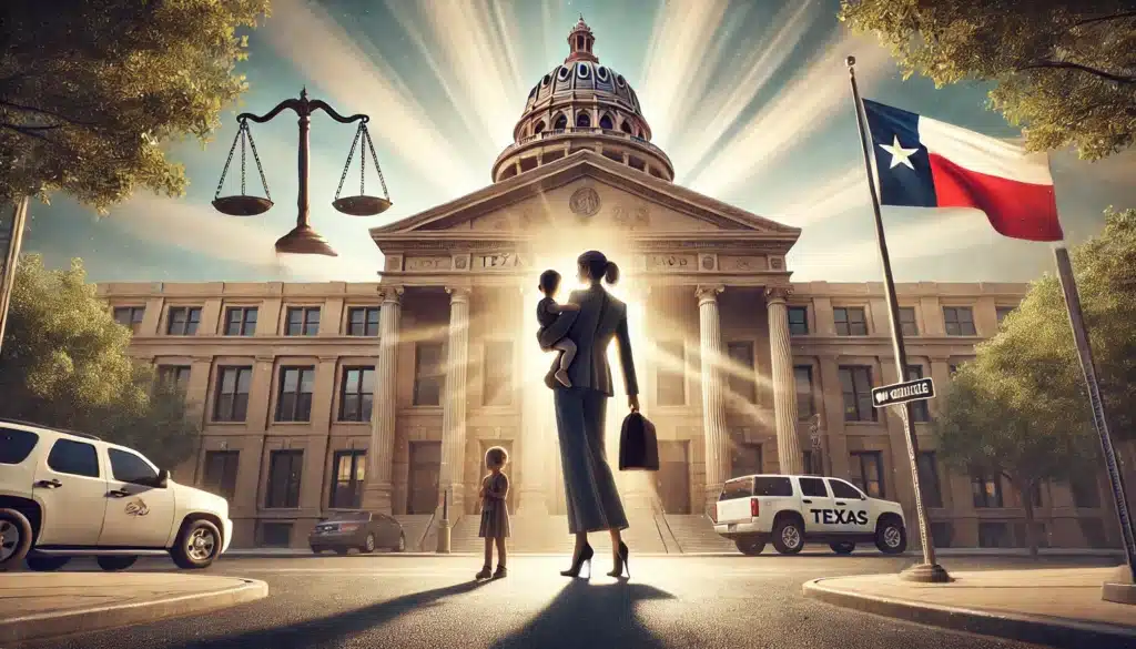 A wide angle, photo-realistic, cinematic image depicting an illustration of mothers' rights in Texas family law matters, with a strong emphasis on child custody. The scene portrays a mother standing confidently with her child in her arms, outside a Texas courthouse, symbolizing the protection of her parental rights. The image is set in a sunny, warm, summer environment with light streaming through the courthouse, creating an uplifting and empowering atmosphere. The background includes subtle references to legal documents and the Texas state flag, tying the theme to family law.