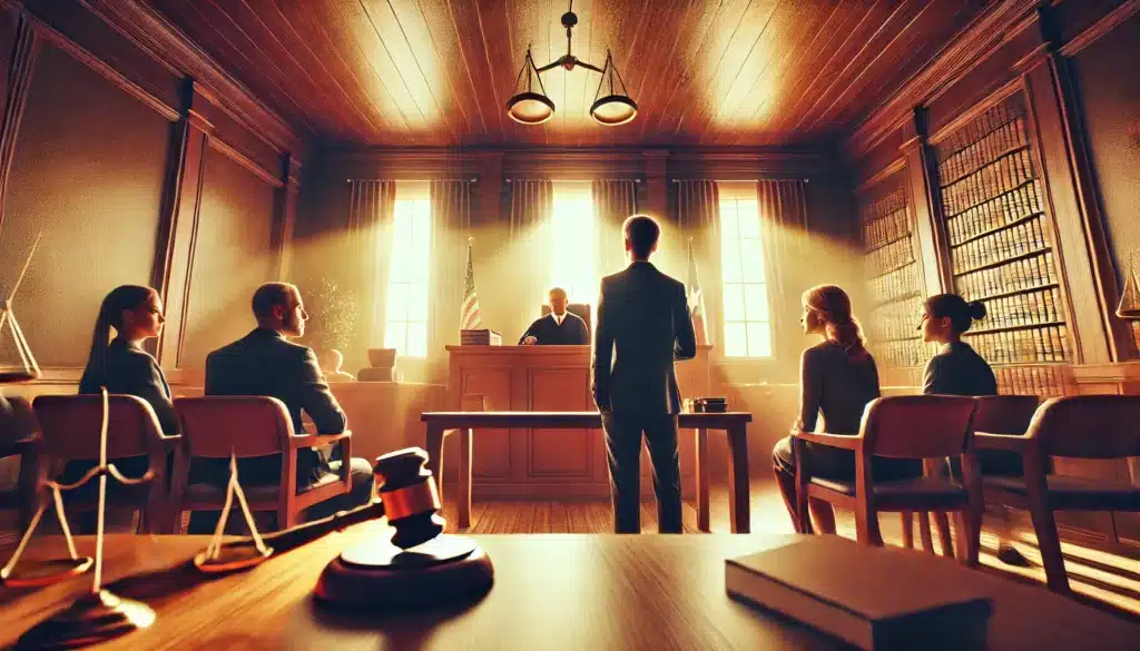 A wide-angle, photo-realistic, cinematic summer vibes image of a courtroom scene, illustrating the legal rights of non-custodial parents in Texas. The image shows a judge presiding over a case with two parents on opposite sides, one a custodial parent and the other a non-custodial parent. The non-custodial parent looks focused and determined, representing the fight for their rights. The courtroom is bathed in natural light, with a warm, inviting atmosphere that reflects a sense of justice and fairness. This scene captures the seriousness of family law in Texas and the legal process surrounding non-custodial parent rights.