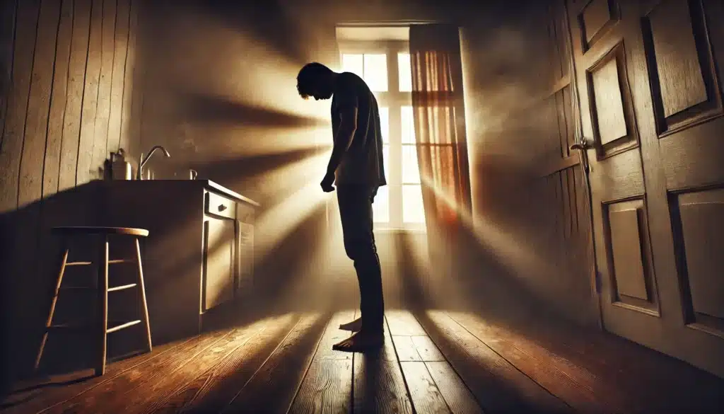 A wide-angle, photo-realistic, cinematic image depicting domestic violence awareness. The image shows a silhouette of a person in distress, standing in a dimly lit room with a somber, emotional atmosphere. The person’s posture conveys vulnerability, with their head bowed and shoulders hunched. The lighting contrasts sharply, casting long shadows and highlighting the sense of isolation and fear. Soft, warm summer light filters through a window, symbolizing hope and a path to freedom. The overall tone is poignant, bringing attention to the importance of awareness and support.