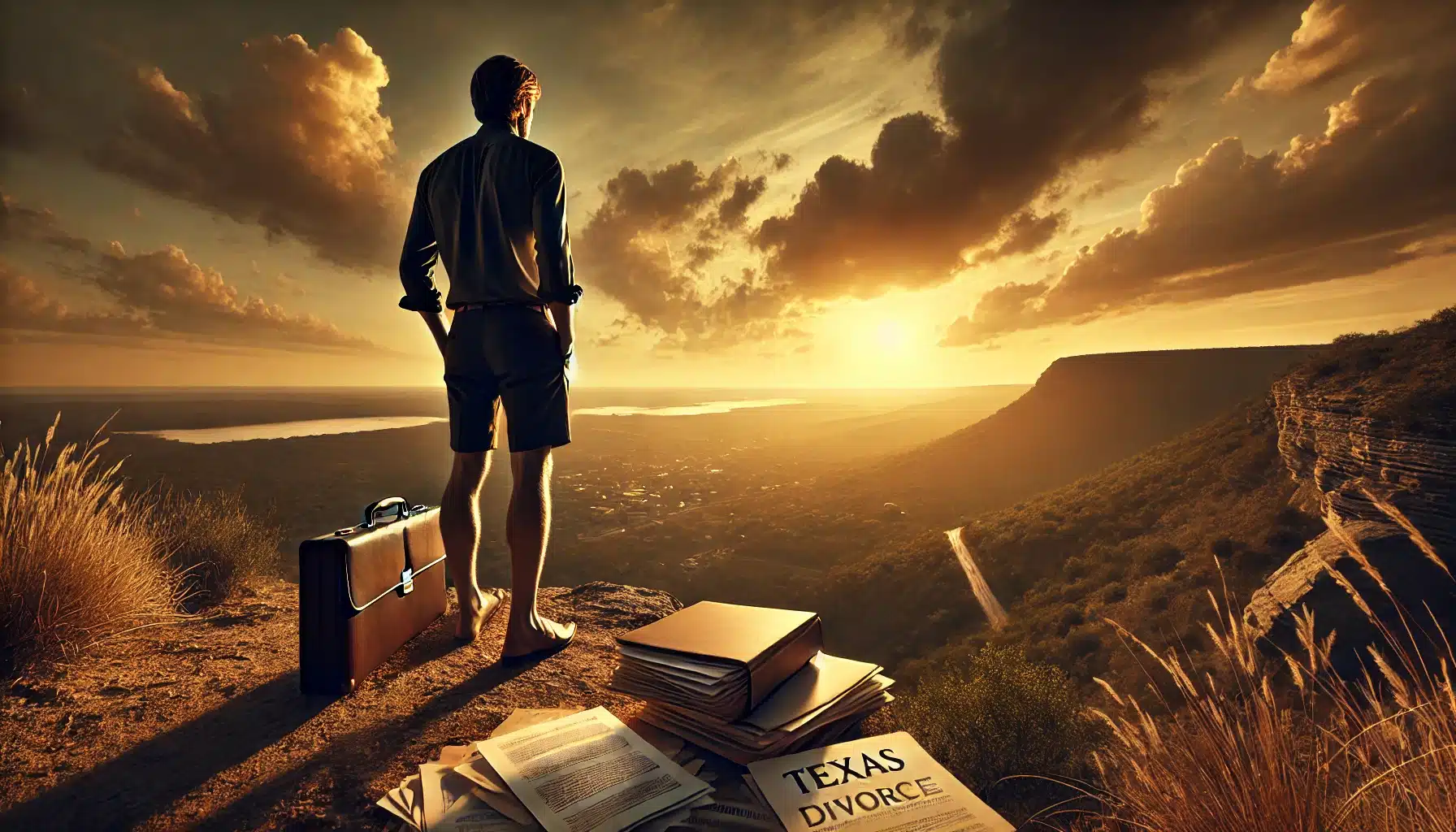 Man standing on a cliff overlooking a Texas landscape at sunset, with a briefcase and documents labeled "Texas Divorce" symbolizing legal guidance in divorce and community property issues.