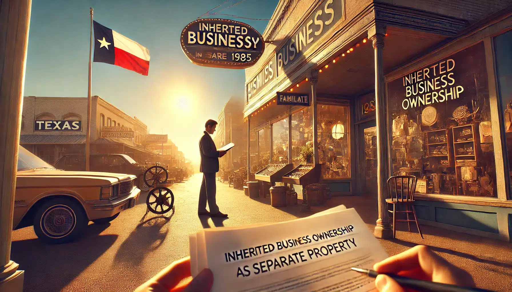 A wide-angle, photo-realistic, cinematic image illustrating the concept of inherited or gifted businesses as separate property in Texas. The scene is set during a warm summer afternoon, featuring a business owner standing outside a well-established retail store with a sign that reads 'Family Business – Since 1985.' The golden sunlight enhances the nostalgic yet professional atmosphere. The owner holds legal documents labeled 'Inherited Business Ownership' while reviewing financial records. In the background, a bustling marketplace and a Texas flag subtly emphasize the local business environment. The image conveys the importance of documentation and legal clarity in maintaining inherited business ownership as separate property.