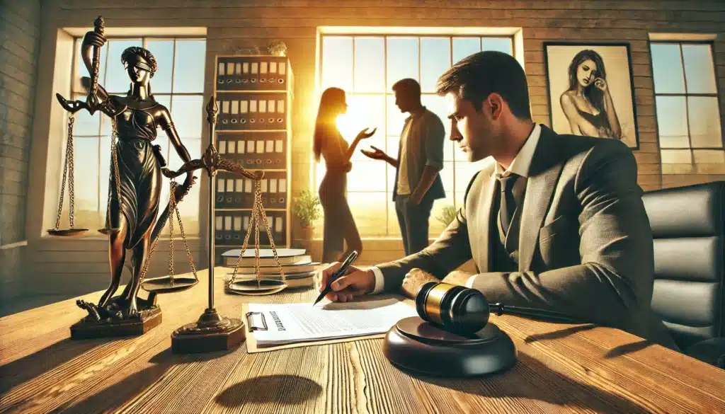 A wide-angle, photo-realistic cinematic image with summer vibes. The scene symbolizes spousal support decisions influenced by infidelity. A legal office setting with an attorney reviewing financial documents and divorce papers with a concerned client. A scale of justice sits on the polished wooden desk, visually representing the weight of spousal support decisions. In the background, a blurred image of a couple in disagreement emphasizes the emotional impact of infidelity. Sunlight streams through large windows, adding warmth to the serious atmosphere.