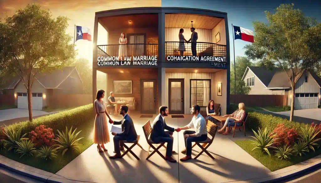 A wide-angle, photo-realistic, cinematic image illustrating the concept of common law marriage vs. cohabitation agreement in Texas. The scene is set in a warm summer evening with golden sunlight casting a glow over a modern Texas home. On one side of the image, a couple is dressed formally, holding hands with a legal document, symbolizing common law marriage. On the other side, another couple is casually sitting on the porch, discussing a contract, representing a cohabitation agreement. The background features lush greenery and a Texas-style suburban setting, creating a peaceful yet thought-provoking atmosphere.