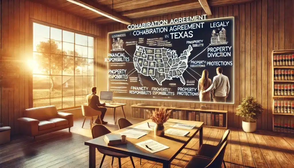A wide-angle, photo-realistic, cinematic image of a detailed diagram outlining the key components of a cohabitation agreement in Texas. The setting is a warm summer evening with golden sunlight filtering through a Texas-style office or home workspace. The diagram is displayed on a large whiteboard or digital screen, featuring sections like financial responsibilities, property division, and legal protections. A lawyer and a couple are discussing the agreement, highlighting key points with a pen. The atmosphere is professional yet inviting, capturing the importance of legal clarity in cohabitation agreements.