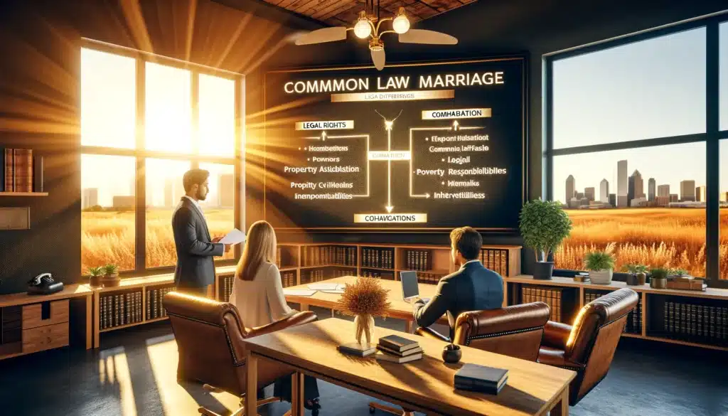 A wide-angle, photo-realistic, cinematic image of a detailed comparison chart between common law marriage and cohabitation agreements. The setting is a warm summer evening in a professional yet inviting Texas-style office or legal consultation room. The chart is displayed prominently on a large whiteboard or digital screen, featuring key differences such as legal rights, property division, financial responsibilities, and inheritance. A lawyer is explaining the chart to a couple who are attentively listening, symbolizing informed decision-making. The golden sunlight streams through the windows, creating a welcoming and thoughtful atmosphere.