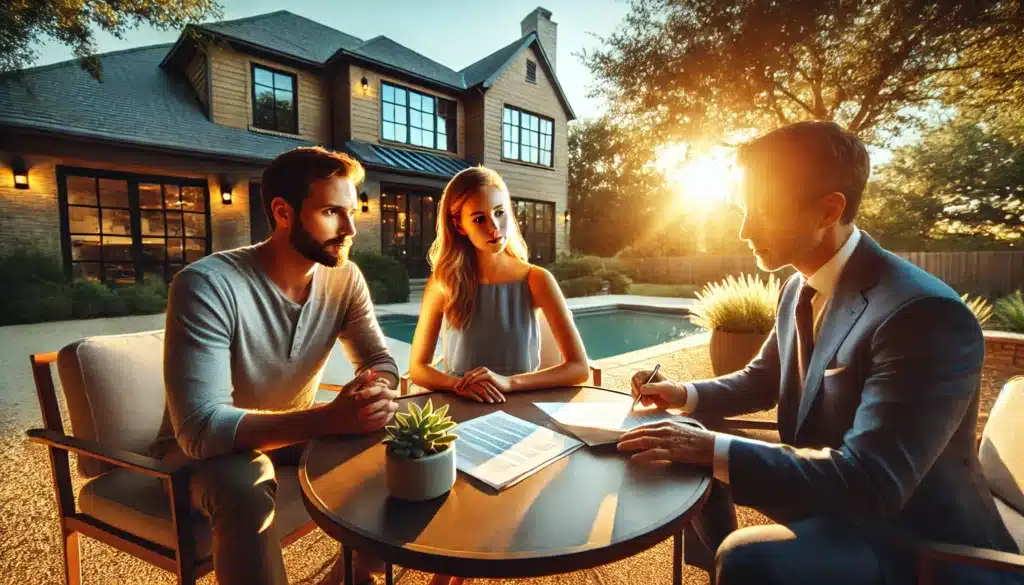 A wide-angle, photo-realistic, cinematic image of a couple discussing a cohabitation agreement in a warm summer evening setting. They are seated at a modern outdoor patio table in Texas, with golden sunlight filtering through nearby trees. The couple looks engaged and thoughtful, reviewing legal documents with a lawyer who is explaining key points. The atmosphere is relaxed yet professional, symbolizing a serious but amicable discussion about their future. The background features a peaceful suburban Texas-style home with lush greenery, adding to the inviting and thoughtful ambiance.