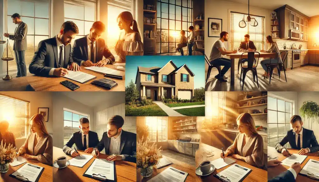 A wide-angle, photo-realistic, cinematic image of a collage depicting real-life scenarios illustrating cohabitation agreements. The collage consists of multiple scenes: a couple signing a legal document with a lawyer in a bright Texas-style office, another couple discussing finances at a kitchen table with documents spread out, and a pair reviewing a rental agreement together in their modern home. The setting exudes warm summer vibes with golden sunlight streaming through windows, creating an inviting and thoughtful ambiance. Each scene within the collage represents key aspects of cohabitation agreements, such as financial planning, property rights, and legal consultation.