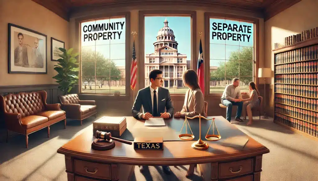 A wide-angle, photo-realistic cinematic image with summer vibes, depicting a Texas legal office with a large wooden desk covered in legal documents labeled 'Community Property' and 'Separate Property.' A family law attorney in a suit is explaining the legal distinctions to a concerned couple sitting across from them. The office has large windows allowing warm sunlight to stream in, with a view of a Texas courthouse in the background. The scene conveys professionalism, legal guidance, and financial decision-making.