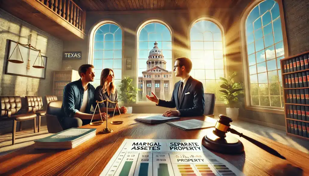 A wide-angle, photo-realistic cinematic image with summer vibes, depicting a Texas family law attorney's office. A large wooden desk is covered with legal documents labeled 'Marital Assets' and 'Separate Property.' A divorcing couple sits across from the attorney, looking at the paperwork with concerned expressions. The attorney, in a professional suit, gestures towards a financial chart explaining asset division. Sunlight streams through large windows, casting a warm glow, and a Texas courthouse is visible in the background, symbolizing legal proceedings.