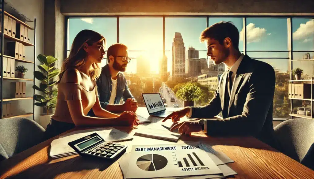 A wide-angle, photo-realistic cinematic image with summer vibes, depicting a financial consultation office in Texas. A divorcing couple sits across from a financial advisor, looking at documents labeled 'Debt Management' and 'Asset Division.' The advisor, dressed in a professional suit, is explaining financial strategies while pointing to a pie chart on a laptop screen. The couple appears deep in thought, weighing their financial future. Sunlight pours through large windows, showcasing a warm Texas cityscape in the background, creating an atmosphere of tension and hope.