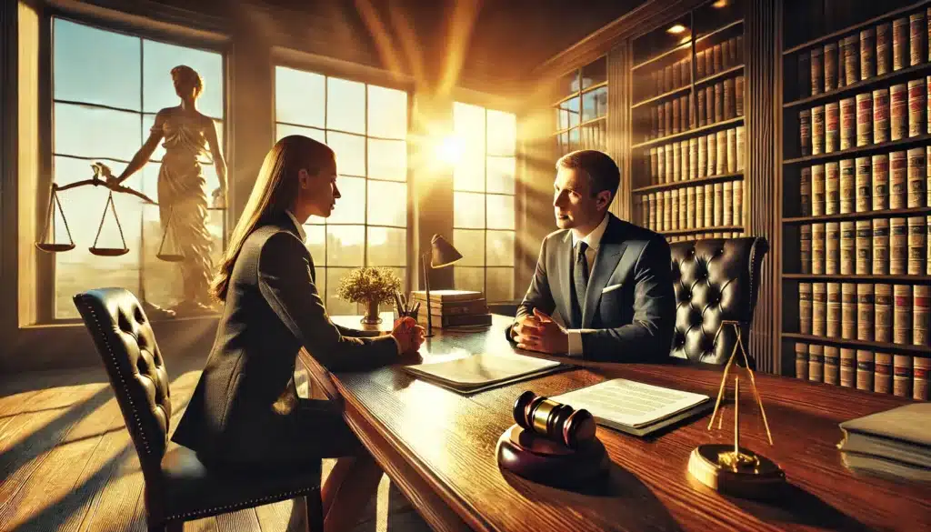 A cinematic, wide-angle, photo-realistic image of a Houston, Texas family law attorney discussing legal matters with a client in a professional office setting. The attorney, dressed in formal attire, sits across from the client at a polished wooden desk with legal documents spread out. Warm summer sunlight filters through large windows, casting a golden glow. The office features elegant bookshelves, a law firm logo subtly visible in the background, and a professional yet inviting atmosphere.