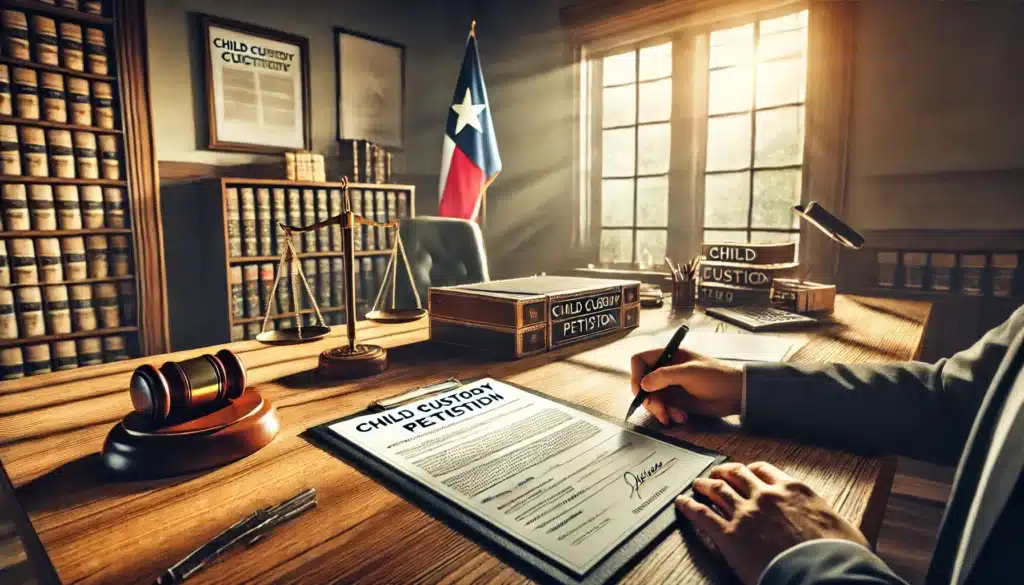 A wide-angle, photo-realistic cinematic image depicting the legal requirements for filing for child custody in Texas. The scene features a well-lit law office with a wooden desk covered in legal documents, including a prominently displayed 'Child Custody Petition' form. A Texas flag and scales of justice are in the background, symbolizing the legal process. Sunlight streams through the window, casting a warm summer glow over the room. A person’s hands are seen reviewing paperwork with a pen, emphasizing the preparation involved in filing for custody. The atmosphere reflects professionalism and the seriousness of the custody process.
