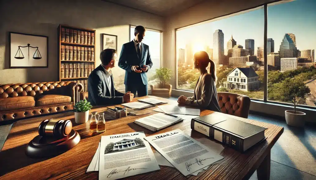 A photo-realistic, cinematic wide-angle image depicting an overview of Texas community property law. A professional office setting with legal documents spread across a large wooden table. A Texas family law attorney in a suit is explaining property division to a concerned couple. The office has large windows showcasing a sunny Texas cityscape, evoking warm summer vibes. The scene conveys a serious yet professional atmosphere, highlighting the complexities of property division in a Texas divorce.