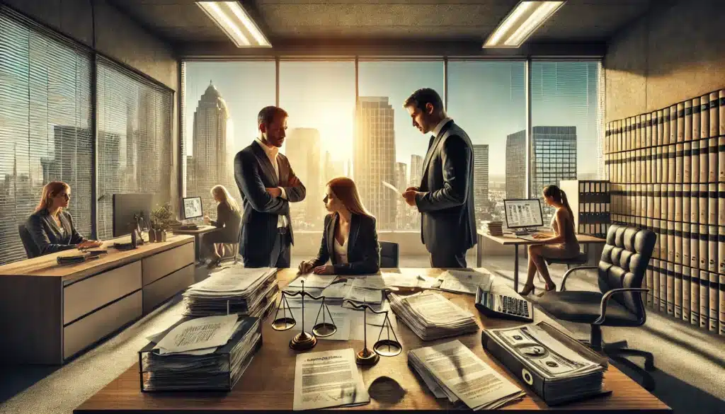 A photo-realistic, cinematic wide-angle image depicting the challenges in tracing marital and separate property. A tense legal consultation in a modern office with a Texas family law attorney, a forensic accountant, and a concerned client reviewing complex financial documents. The desk is cluttered with legal paperwork, bank statements, and asset reports. The large office windows reveal a bright, sunny Texas cityscape, evoking summer vibes. The scene conveys urgency and complexity, highlighting the difficulties in distinguishing marital and separate property in a divorce case.