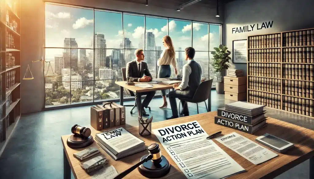 A photo-realistic, cinematic wide-angle image depicting actionable advice for divorcing couples. A professional law office where a Texas family law attorney is consulting with a couple going through a divorce. The desk is filled with legal documents, financial statements, and a checklist labeled 'Divorce Action Plan.' The couple looks determined and engaged, carefully reviewing their options. Large windows showcase a bright, sunny Texas cityscape, evoking warm summer vibes. The atmosphere conveys professionalism, strategic planning, and the importance of taking informed legal steps during a divorce.