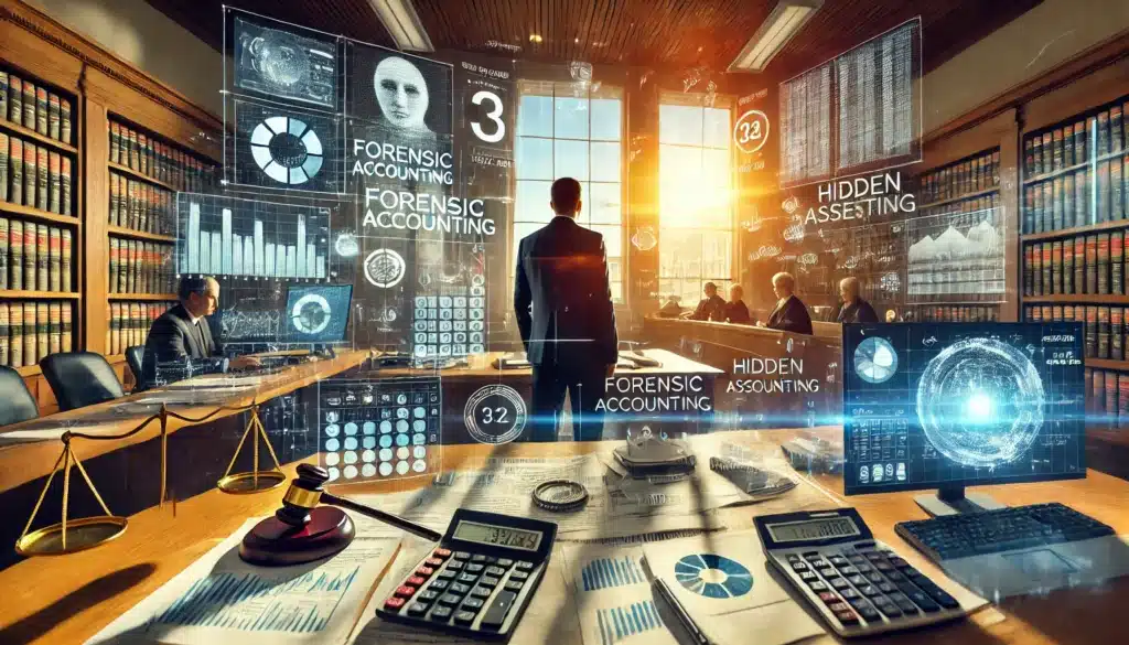 A cinematic, wide-angle, photo-realistic image illustrating the role of forensic accounting in Texas divorce cases. The scene features a forensic accountant in an office filled with financial documents, calculators, and computer screens displaying complex financial data. In the background, a court setting is visible where an attorney presents financial evidence to a judge. Digital overlays highlight key elements like bank statements, hidden assets, and investment tracking, emphasizing the importance of forensic accounting. The summer sunlight streams through the windows, adding warmth and realism to the high-stakes financial investigation.
