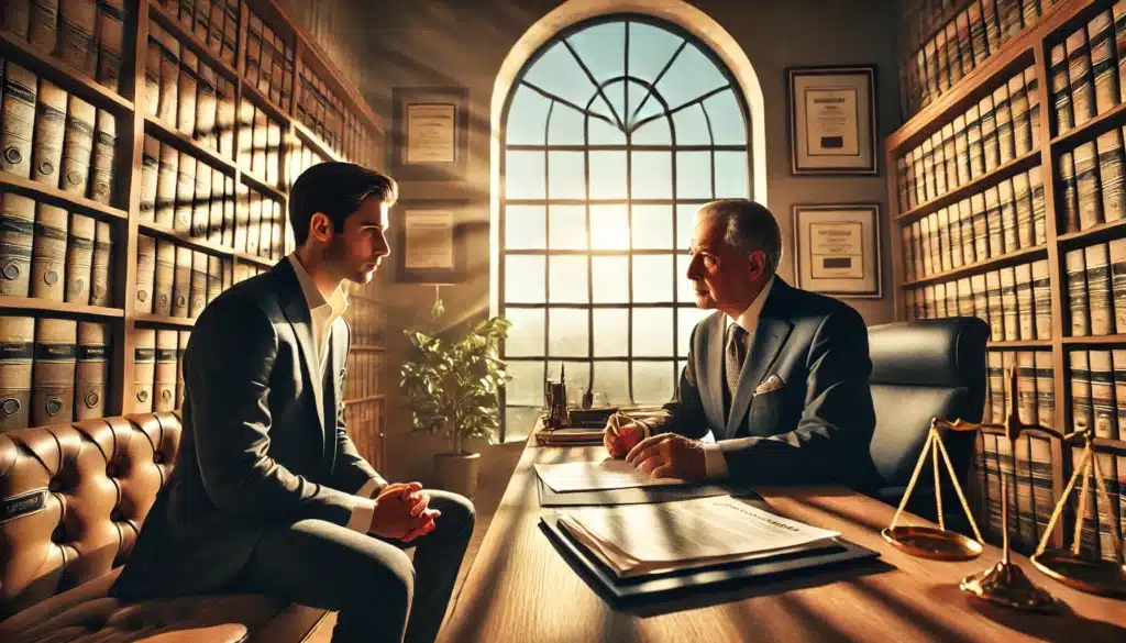 A cinematic, wide-angle, photo-realistic image capturing a professional consultation between a client and an experienced Texas divorce attorney. The setting is a well-lit, modern law office with large windows letting in warm summer sunlight. The attorney, dressed in a sharp suit, sits across from the client, who looks concerned while reviewing legal documents. A bookshelf with legal texts and framed certificates decorates the background, emphasizing credibility and expertise. The scene conveys professionalism, trust, and the high stakes of divorce proceedings.