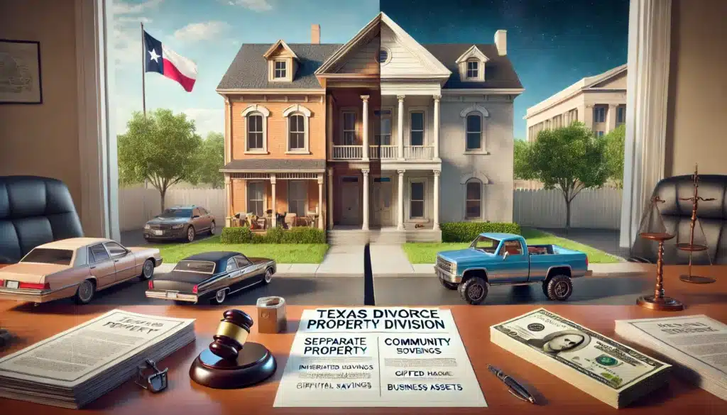 A cinematic, wide-angle, photo-realistic illustration depicting the concept of separate and community property in a Texas divorce. The image shows a split home, with one side representing separate property—an inherited house, personal savings, and a gifted car—while the other side represents community property, including a shared bank account, marital home, and business assets. A legal document labeled 'Texas Divorce Property Division' is on a lawyer’s desk. The background features a Texas courthouse under a bright summer sky. No cameras or text in the image.