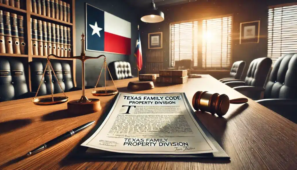 A cinematic, wide-angle, photo-realistic image of a legal document representing the Texas Family Code related to property division. The document is placed on a polished wooden desk in a law office, with a Texas flag visible in the background. A judge’s gavel and legal scales sit beside the document, symbolizing justice and fair property division. Sunlight streams through a large window, creating a warm summer vibe. The scene conveys professionalism and the importance of legal guidance in Texas divorces. No cameras or text in the image.