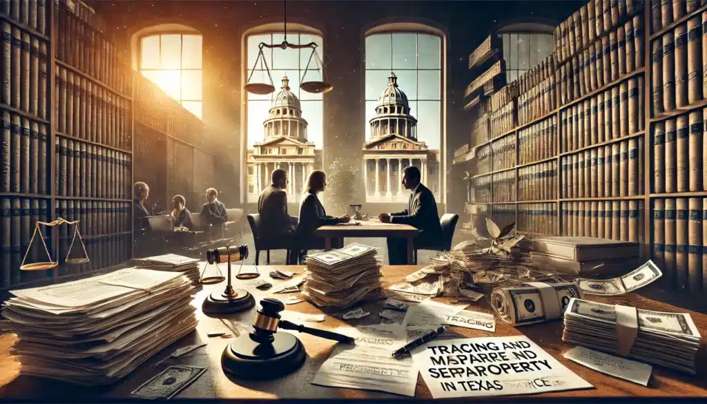A cinematic, wide-angle, photo-realistic image depicting the challenges in tracing marital and separate property in a Texas divorce. The image features a lawyer's desk cluttered with financial documents, bank statements, and legal contracts, symbolizing asset tracing. In the background, a couple sits in a tense discussion with their attorneys, while a Texas courthouse is visible through a sunlit window, creating a warm summer vibe. The scene conveys complexity, investigation, and legal expertise. No cameras or text in the image.