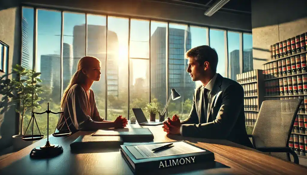 A cinematic, photo-realistic wide-angle image of a professional attorney consulting with a client in a modern Texas law office. The attorney, a confident and experienced professional, sits across from a concerned client, discussing alimony cases. The office is bathed in warm summer sunlight streaming through large windows, offering a view of a Texas cityscape. Legal documents, a laptop, and a notepad are on the desk, emphasizing the seriousness of the discussion. The atmosphere is professional yet welcoming, highlighting the importance of working with an experienced attorney for alimony cases.