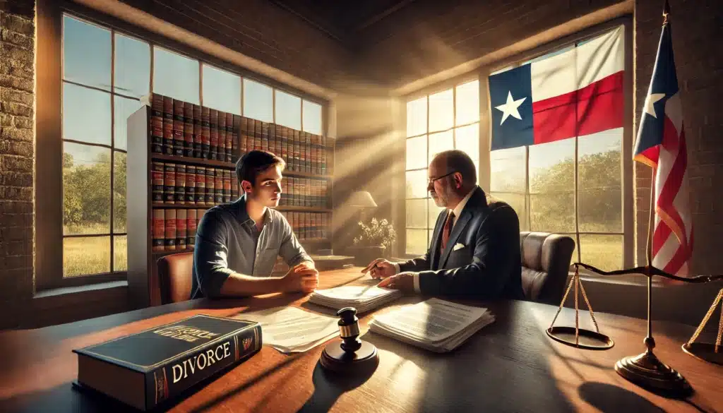A cinematic, wide-angle, photo-realistic image of a consultation between a client and a divorce attorney in Texas. The setting is a professional law office with large windows allowing warm summer sunlight to stream in. The client, appearing concerned, sits across from the attorney, who is reviewing legal documents and explaining the divorce process. A Texas flag and legal books are visible in the background, symbolizing expertise in Texas family law. The atmosphere conveys trust, legal guidance, and serious decision-making. No cameras or text in the image.