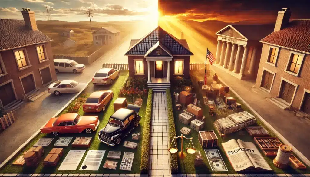 A cinematic, wide-angle, photorealistic image illustrating community property laws in Texas. The image features a divided home, with one side representing a husband and the other a wife, symbolizing property division. Various assets like a house, car, bank statements, and legal documents are placed between them, emphasizing shared ownership. The setting has a warm, summery Texas feel, with golden sunlight casting a dramatic glow. A courthouse in the background reinforces the legal aspect. The image captures a realistic and engaging representation of Texas community property laws.