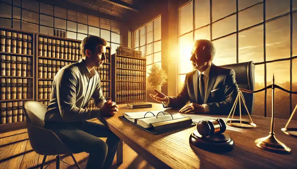 A cinematic, wide-angle, photorealistic image illustrating the benefits of working with an experienced family law attorney. The image features a confident attorney sitting at a desk in a well-lit, modern office, reviewing legal documents with a client who looks relieved. The warm Texas summer sun streams through large windows, casting a golden glow over the setting. A bookshelf filled with law books and a courthouse visible in the background emphasize legal expertise. The attorney gestures reassuringly, symbolizing trust, guidance, and effective legal representation.