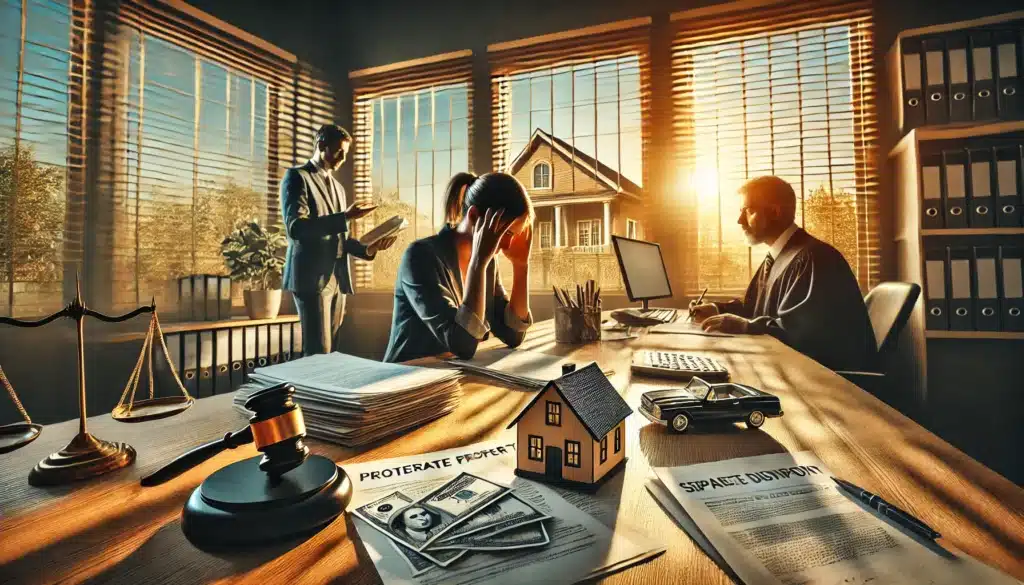 A cinematic, wide-angle, photorealistic image illustrating common challenges in protecting separate property. The image features a person sitting at a lawyer’s desk, looking stressed while reviewing financial records and legal documents. Across from them, a spouse and their attorney discuss asset division, with a house, car, and bank statements placed on the table, symbolizing contested property. The warm Texas summer sun streams through large office windows, casting dramatic shadows. A courthouse in the background reinforces the legal complexity of the situation.