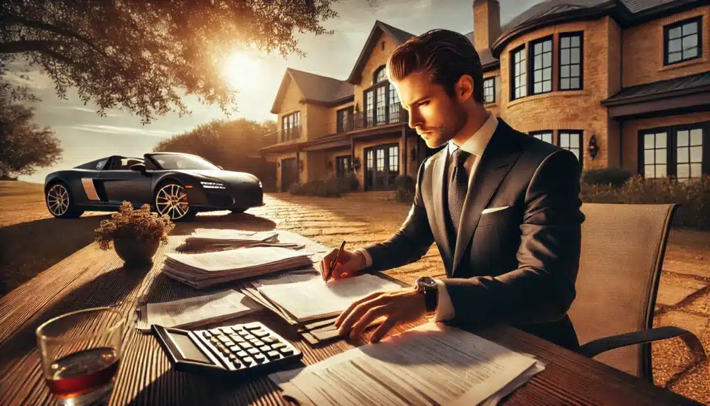 A wide-angle, photo-realistic, cinematic summer scene of a forensic accountant meticulously examining financial documents at an outdoor desk in Texas. The accountant, dressed professionally, is focused, highlighting the intense scrutiny of financial records. In the background, a luxury car and a large estate hint at hidden assets. The setting is sunlit with warm tones, creating a dramatic yet professional atmosphere. The scene symbolizes financial investigation in a high-stakes Texas divorce.
