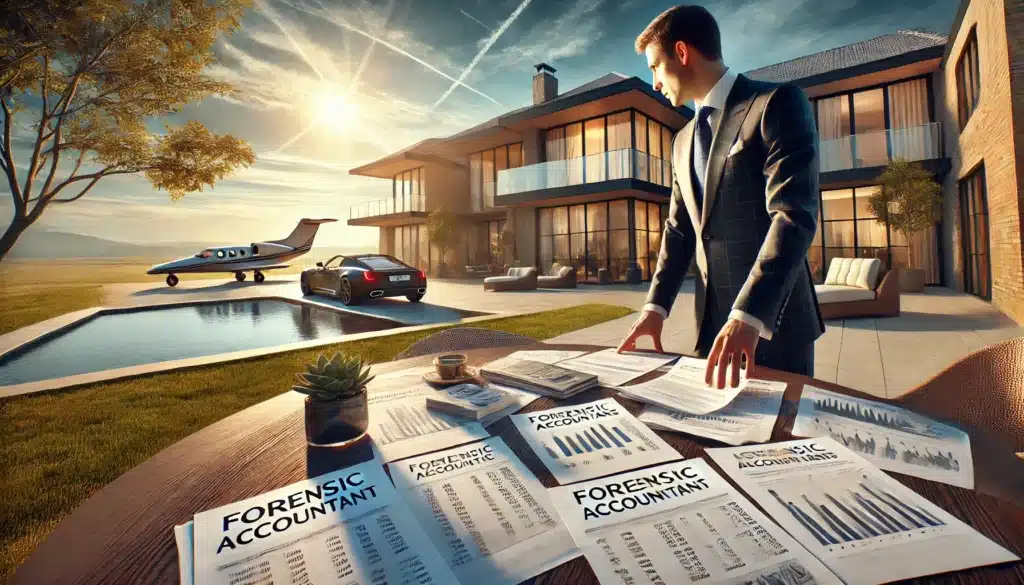 A wide-angle, photo-realistic, cinematic summer scene depicting the importance of forensic accountants in high-asset divorces. A professional forensic accountant, dressed in business attire, is analyzing complex financial documents spread across a luxurious outdoor table. The setting includes a sunlit estate with modern architecture, hinting at high-value assets. In the background, a luxury car and a private jet on a distant runway symbolize the financial complexities of high-net-worth divorces. The scene conveys professionalism, wealth, and the meticulous investigation process of forensic accounting.