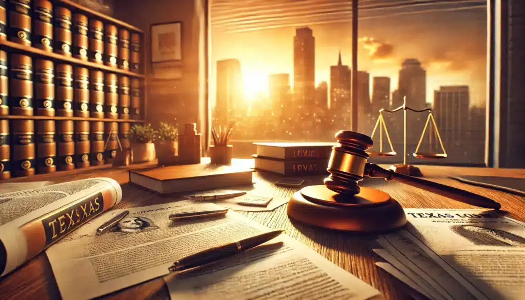 A wide-angle, photo-realistic, cinematic image capturing the essence of summer vibes. The scene portrays a legal-themed workspace with documents, a gavel, and financial papers spread across a desk. A warm, golden sunset light fills the room, symbolizing clarity and resolution. The background subtly features a Texas skyline, reinforcing the theme of Texas divorce and reimbursement claims. The image conveys a professional yet contemplative atmosphere, reflecting the complexities of financial disputes in divorce proceedings.