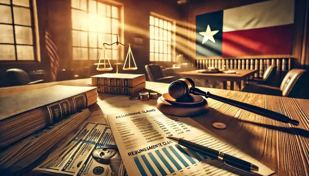 A wide-angle, photo-realistic, cinematic image with summer vibes, depicting the legal framework for reimbursement claims in a Texas divorce. The scene features a wooden courtroom desk with legal documents, a gavel, and financial statements spread across it. A warm golden sunlight streams through a window, casting a dramatic glow on the papers. In the background, a blurred Texas courthouse or law office setting reinforces the legal theme. The image conveys a professional yet contemplative atmosphere, symbolizing the complexities of financial disputes in divorce proceedings.
