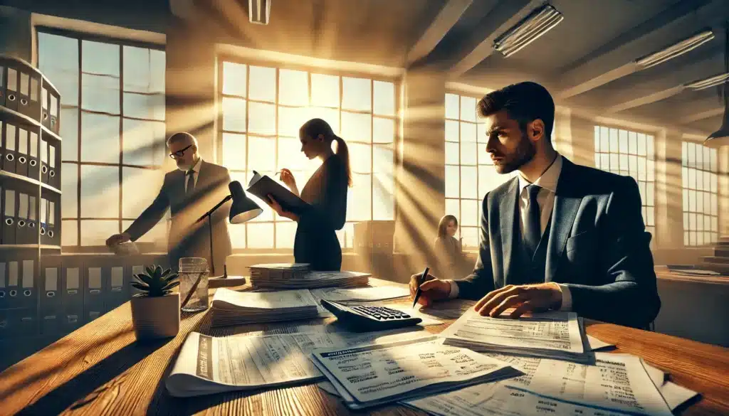 A wide-angle, photo-realistic, cinematic summer scene showing a forensic accountant and a lawyer reviewing financial records in a bright office. Sunlight streams through large windows, casting a warm glow over the desk filled with bank statements, tax returns, and digital transaction records. In the background, a concerned spouse watches intently while the professionals uncover discrepancies. The atmosphere is serious yet professional, with a subtle summer breeze visible through an open window.