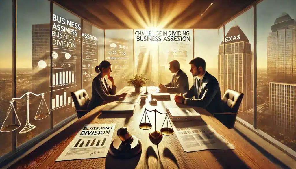 A wide-angle, photo-realistic, cinematic image illustrating challenges in dividing business assets in a divorce context. The scene is set in a high-rise law office overlooking a sunlit Texas cityscape on a warm summer afternoon. A business owner and their spouse sit across from each other at a large conference table, both looking tense as they review financial documents and business valuation reports. A lawyer mediates between them while a judge’s gavel, a contract labeled 'Business Asset Division,' and financial spreadsheets are spread across the table. The golden sunlight casts long shadows, emphasizing the emotional weight of the situation. In the background, a whiteboard with complex financial diagrams and legal notes highlights the complexity of business division in divorce.