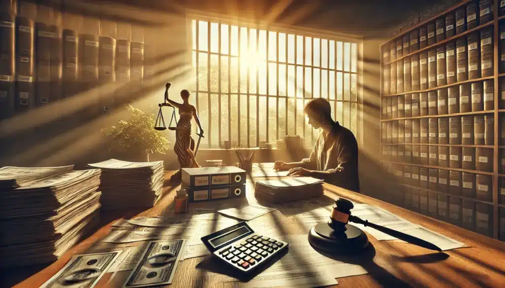 A cinematic, photo-realistic wide-angle image capturing a summer scene representing reimbursement claims in Texas divorces. A person sits at a desk covered with financial documents, bank statements, and legal paperwork. Sunlight streams through a large window, casting warm tones on the scene. In the background, a gavel and scales of justice sit on a bookshelf, symbolizing legal proceedings. The mood is a mix of determination and contemplation, evoking the complexities of financial disputes in divorce cases.