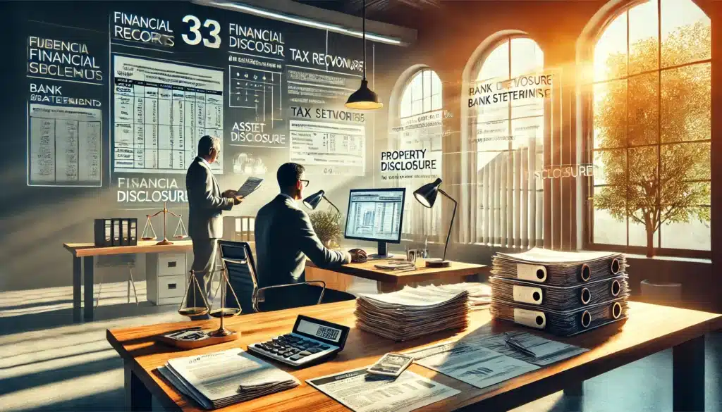 A cinematic, wide-angle, photo-realistic image illustrating the process of gathering financial records for asset disclosure in divorce. The setting is a bright, modern law office with large windows letting in warm summer sunlight. A person sits at a sleek wooden desk, surrounded by stacks of financial documents, tax returns, and bank statements, carefully organizing them. An attorney stands beside them, reviewing paperwork on a laptop screen. In the background, symbolic elements such as a calculator, property deeds, and retirement account statements emphasize the importance of accurate financial disclosure. The atmosphere conveys diligence, legal guidance, and the necessity of transparency in divorce proceedings.