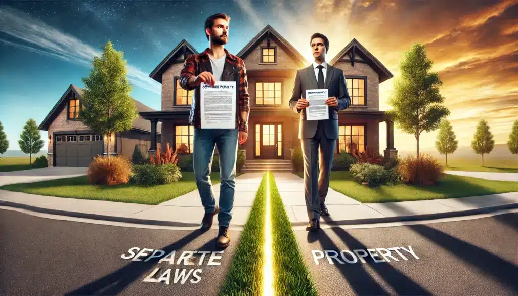 A cinematic, photo-realistic wide-angle image symbolizing separate property laws in Texas. The scene features a luxurious Texas-style home with a dividing line running through the property, representing the legal distinction between separate and community property. On one side, a person confidently holds documents proving ownership, while on the other, a spouse looks uncertain about their claim. The background showcases a bright summer sky with warm sunlight casting long shadows, emphasizing the dramatic nature of property division in Texas divorce cases.