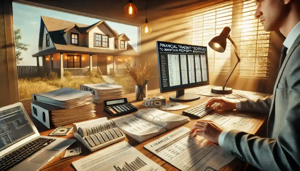 A cinematic, photo-realistic wide-angle image depicting financial tracing techniques to maintain separate property status. The scene features a well-lit desk with financial documents, spreadsheets, and legal paperwork spread across it. A forensic accountant is carefully reviewing records, highlighting key transactions on a computer screen. In the background, a Texas-style home is visible, symbolizing the importance of financial tracing in property division. The atmosphere is warm and summery, with sunlight streaming through large windows, casting a golden glow on the workspace.