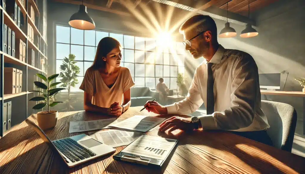 A wide-angle, photo-realistic, cinematic image with summer vibes. A professional meeting between a forensic accountant and a client in a modern office. The accountant is explaining financial documents and investigative reports on a laptop, while the client listens attentively. Sunlight filters through large windows, illuminating the workspace with a warm glow. The scene represents actionable advice for hiring a forensic accountant in divorce cases, emphasizing trust, expertise, and financial transparency.