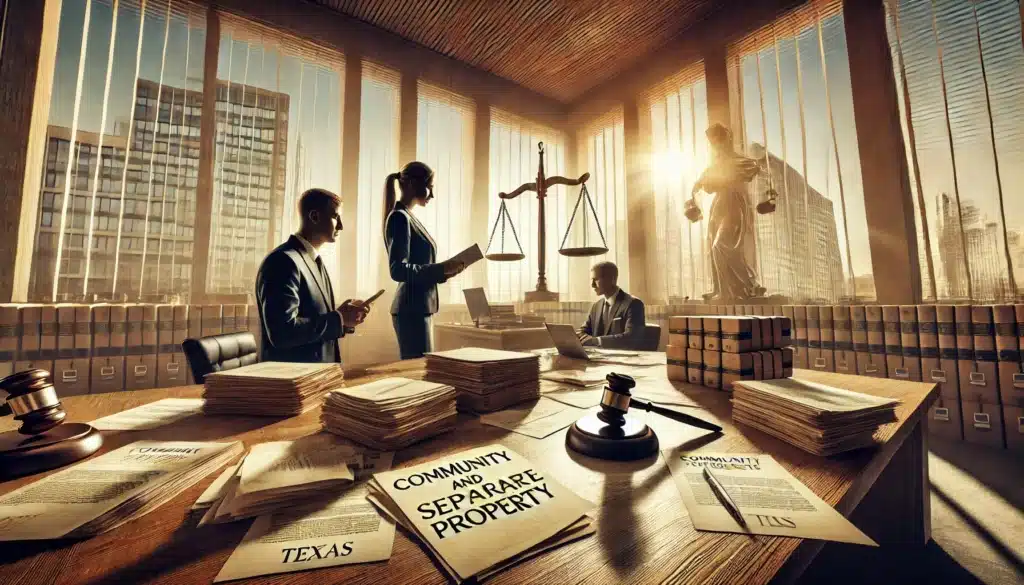 A wide-angle, photo-realistic cinematic image set in the summer, capturing the concept of community and separate property in Texas. The image features a modern courtroom or law office with legal documents spread across a polished wooden table. A male and female attorney, both in professional attire, are engaged in discussion, reviewing financial records and property deeds. Large windows allow warm sunlight to stream in, casting natural light on the scene. In the background, a scale of justice is prominently displayed, symbolizing fairness in property division. The atmosphere conveys a serious yet professional tone, highlighting the complexities of property classification in Texas divorces.