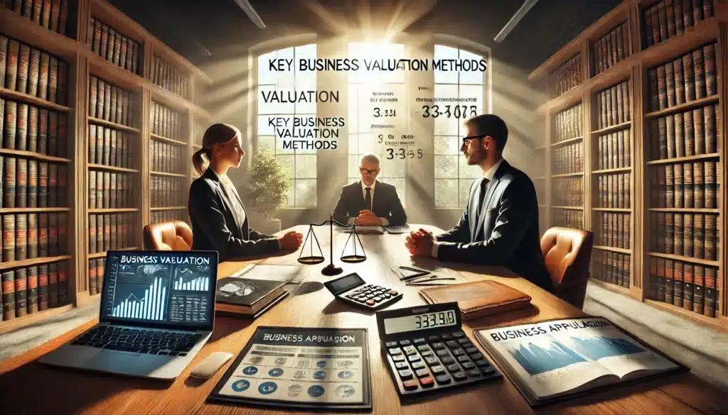 A wide-angle, photo-realistic cinematic image set in the summer, depicting key business valuation methods used during divorce proceedings. The image features a professional conference room with financial documents, calculators, and a laptop displaying valuation charts and graphs. A business appraiser in formal attire is explaining valuation methods to a divorcing couple, who sit across the table looking serious. Sunlight streams through large windows, casting a warm glow on the scene. The background includes bookshelves with legal and financial books, emphasizing the importance of accurate valuation in divorce settlements. The atmosphere is professional yet tense, reflecting the high stakes of business valuation during a divorce.