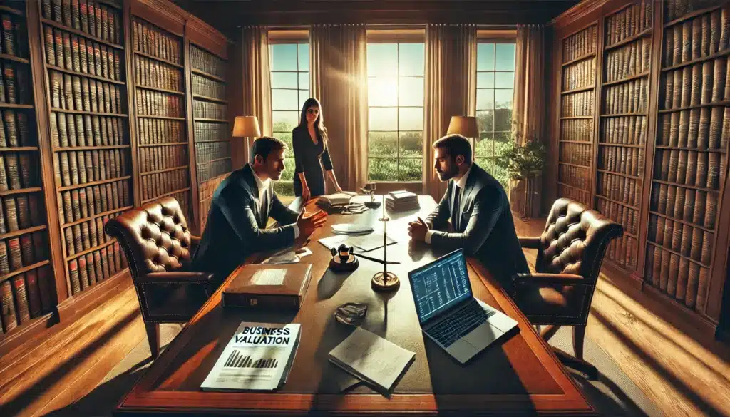 A wide-angle, photo-realistic cinematic image set in the summer, depicting the challenges faced in business valuation during divorce, including asset disputes. The image features a tense negotiation scene in a high-end law office, where a divorcing couple sits across from each other at a polished conference table. Financial documents, valuation reports, and legal contracts are scattered across the table. A business appraiser and a divorce attorney are present, with one pointing at a laptop screen displaying valuation figures. The couple looks frustrated, emphasizing the emotional and financial complexity of asset disputes. Large windows let in warm sunlight, casting long shadows that highlight the tension in the room. The background includes bookshelves filled with legal and financial books, reinforcing the high-stakes nature of the discussion.