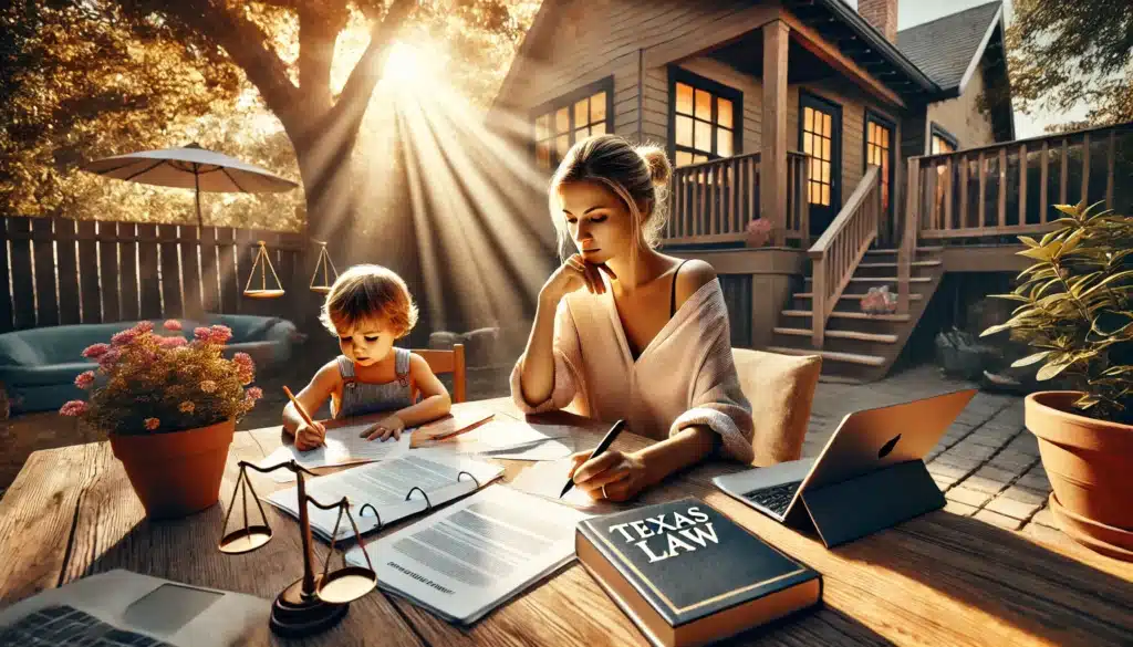 A wide-angle, photo-realistic, cinematic image capturing a summer vibe. The scene features a responsible caregiver sitting at an outdoor wooden table, reviewing legal documents related to child care responsibilities. A young child sits nearby, drawing or playing, unaware of the legal complexities at play. The caregiver looks thoughtful yet determined, holding a pen over a document. A laptop and a Texas law book are visible on the table, symbolizing the legal implications of caregiving. The background showcases a warm, sunlit backyard with trees casting dappled light, evoking a sense of care and responsibility.