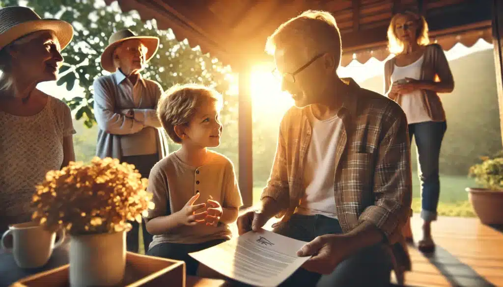 A wide-angle, photo-realistic, cinematic image capturing a summer vibe. The scene features a compassionate grandparent and a young child sitting together on a sunlit porch, discussing something warmly. The grandparent holds a document related to nonparent caregiving, while the child listens curiously. In the background, a family friend stands nearby, representing another real-life case of a nonparent caregiver stepping in. The atmosphere is filled with golden sunlight filtering through the trees, evoking warmth, responsibility, and a sense of legal and emotional guardianship.