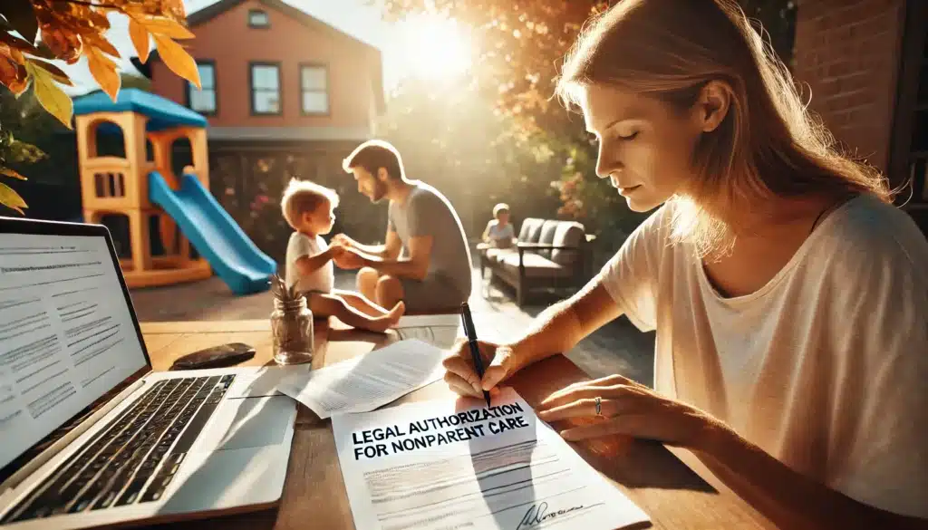A wide-angle, photo-realistic, cinematic image capturing a summer vibe. The scene features a determined nonparent caregiver sitting at an outdoor patio table, carefully reviewing and filling out legal authorization forms. A pen rests on a document labeled 'Legal Authorization for Nonparent Care' while a laptop displays official Texas legal resources. In the background, a young child plays in the yard, symbolizing the importance of ensuring legal approval. Warm sunlight filters through the trees, creating an inviting yet serious atmosphere that highlights the responsibility and process involved.
