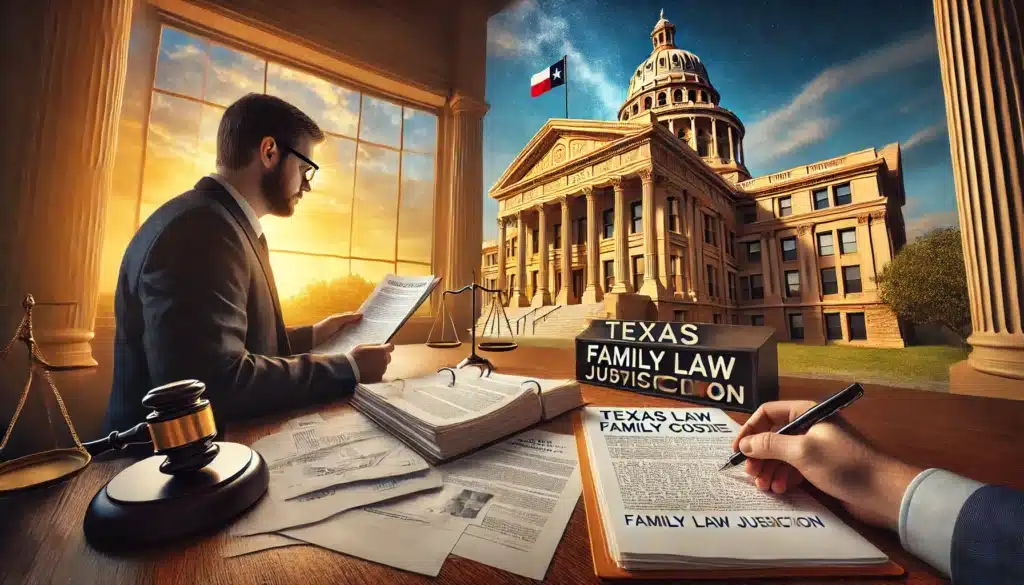 A wide-angle, photo-realistic, cinematic image illustrating the specific jurisdictional requirements for filing family law cases in Texas. The scene features a grand Texas courthouse under a golden summer sky, with legal documents and a Texas Family Code book spread across a wooden desk in the foreground. A lawyer carefully reviews paperwork with a concerned client, emphasizing the importance of filing in the correct jurisdiction. The background showcases an official court sign indicating family law jurisdiction, reinforcing the legal theme. The atmosphere conveys professionalism, clarity, and the seriousness of legal procedures.